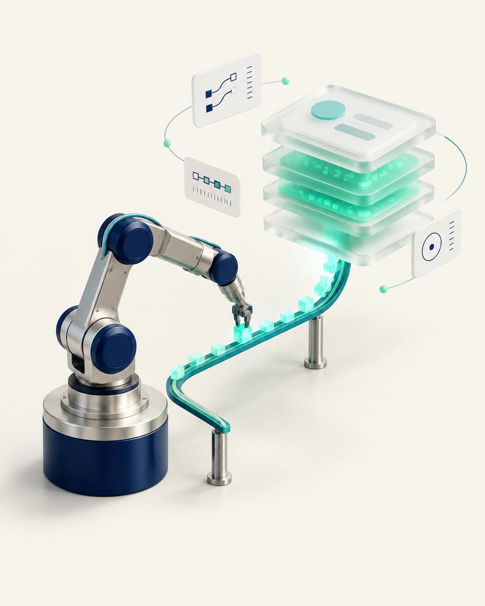 Sculptural model of an automated AI pipeline routing data into a stack of interface tiles